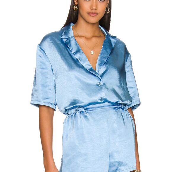 House of Harlow Dusty Blue Satin Oversize Button Down Shirt SMALL Boxy $158 NEW - Picture 1 of 7